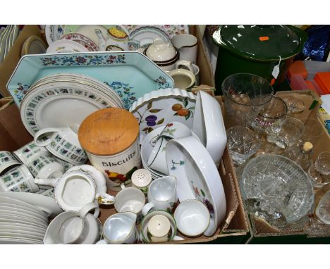 THREE BOXES AND LOOSE CERAMICS AND GLASS WARES, to include a thirty eight piece Royal Doulton Tapestry TC1024 dinner service,
