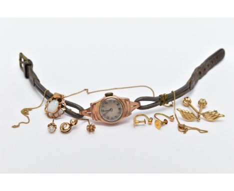 A LADYS 9CT GOLD WRISTWATCH AND ASSORTED YELLOW METAL JEWELLERY, to include a ladys, rose gold wristwatch with cord strap, in