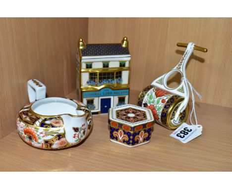 FOUR PIECES OF ROYAL CROWN DERBY TEA AND GIFT WARES, comprising an Imari pattern garden roller ornament, height 10cm (second 