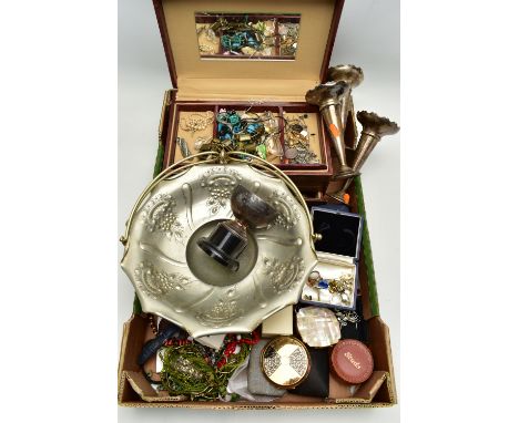 A BOX OF ASSORTED ITEMS, to include a brown multi storage jewellery box with contents to include a white metal marcasite brac