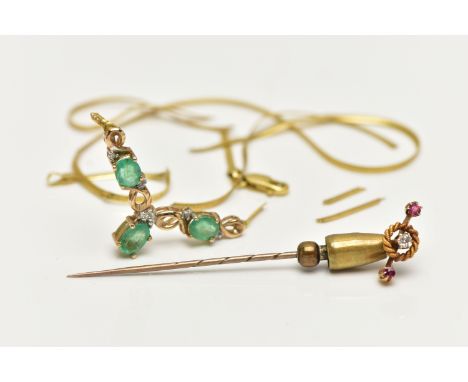 A 9CT GOLD NECKLACE AND EARLY 20TH CENTURY STICK PIN, an a/f necklace set with three oval cut emeralds and five round brillia