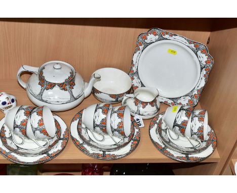 A CROWN DUCAL TWENTY TWO PIECE TEA SET IN THE ORANGE TREE PATTERN A1211, comprising tea pot, milk jug, sugar bowl, bread and 