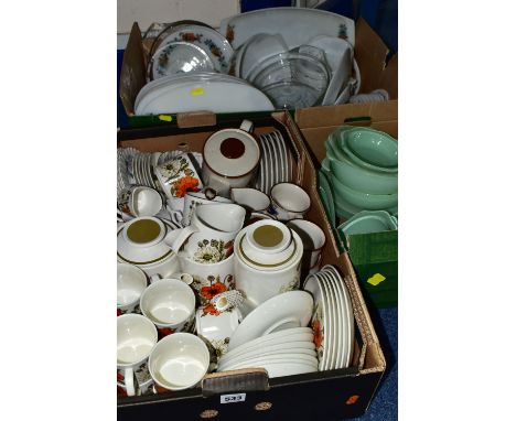 THREE BOXES OF J&amp;G MEAKIN 'POPPY' PATTERN TEA AND COFFEE WARES TOGETHER WITH A QUANTITY OF MID-CENTURY PYRES OVENWARE, to