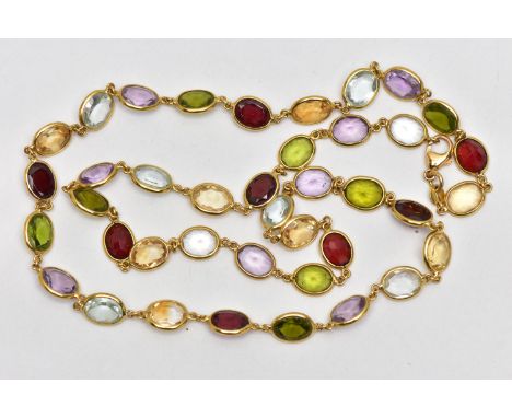 AN 18CT YELLOW GOLD, MULTI GEM SPECTACLE SET NECKLACE, designed as a series of oval cut gemstones such as amethyst, peridot, 