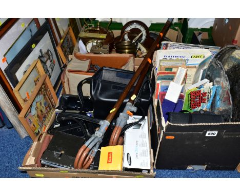 THREE BOXES AND LOOSE MAPS, CAMERAS, METALWARES, PRINTS, ETC, including Swift and Praktica binoculars, folded maps, Railway M