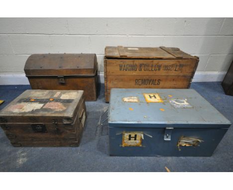 FOUR STORAGE CRATES/BOXES, of various materials and sizes, to include a vintage wood crate labelled to the front Waring &amp;