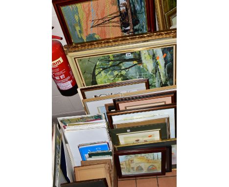 A BOX AND LOOSE PAINTINGS AND PRINTS ETC, to include amateur watercolours and sketch pads signed Barbara Baldwin, needlework 