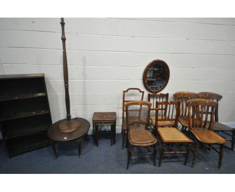 A SELECTION OF OCCASIONAL FURNITURE, to include seven chairs, of various ages, including a rocking chair, along with an open 