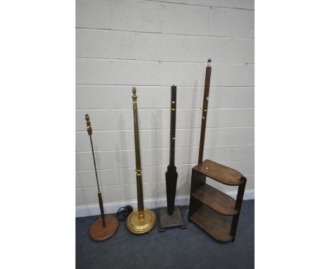 A SELECTION OF STANDARD LAMPS, of various styles and materials, to include an oak lamp with an attached shelves, a gilt paint