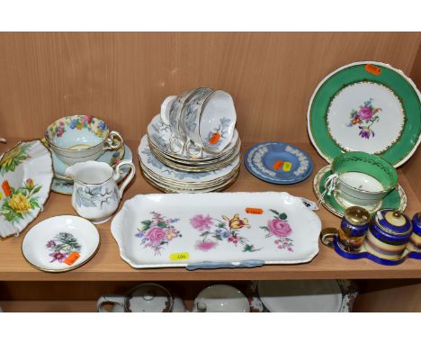 A GROUP OF AYNSLEY, ROYAL ALBERT AND NORITAKE, ETC, including an Aynsley matched trio with green and gilt ground, saucer C240