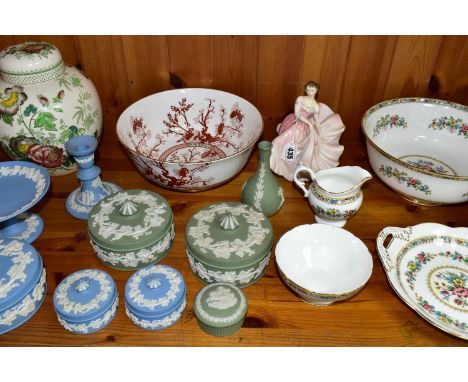 A GROUP OF CERAMICS, to include a Royal Doulton The Polka HN2156 figurine, height 18cm, a Coalport Ming Rose large footed bow