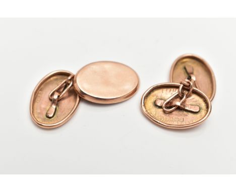 A PAIR OF 9CT ROSE GOLD CUFFLINKS, chain link with oval polished disks, each hallmarked 9ct Birmingham, approximate gross wei