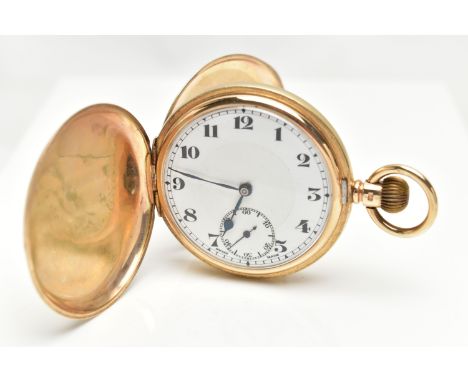 A 9CT GOLD FULL HUNTER POCKET WATCH, manual wind, round white dial, Arabic numerals, subsidiary dial at the six o'clock posit