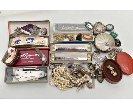 A BOX OF ASSORTED ITMES, to include assorted silver and white metal jewellery, silver ingot pendant and chain, a pair of silv