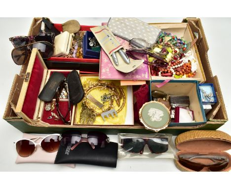 A BOX OF ASSORTED COSTUME JEWELLERY AND ITEMS, to include various beaded necklaces, imitation pearl necklaces, brooches, brac