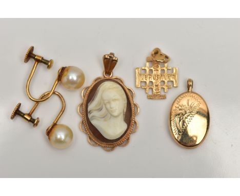 AN ASSORTMENT OF 9CT GOLD AND YELLOW METAL JEWELLERY, to include a shell cameo pendant, collet set in yellow gold with scallo