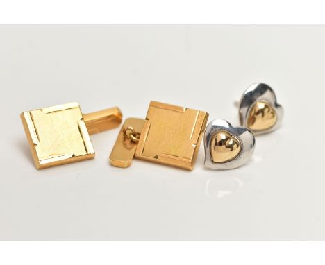 A PAIR OF YELLOW METAL CUFFLINKS AND A PAIR OF EARRINGS, hollow square cufflinks, chain linked to the toggle fitting, stamp m