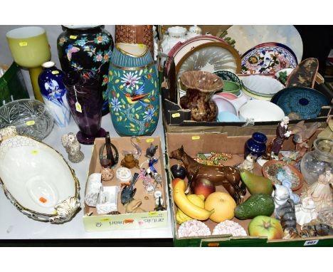 THREE BOXES AND LOOSE CERAMICS AND GLASSWARE, including artificial fruit, a small quantity of vintage coloured Pyrex, coloure
