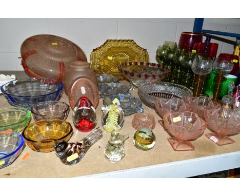 A COLLECTION OF 20TH CENTURY GLASS WARES ETC,  to include a Mary Gregory style bell, seven green stem German Hock glasses wit