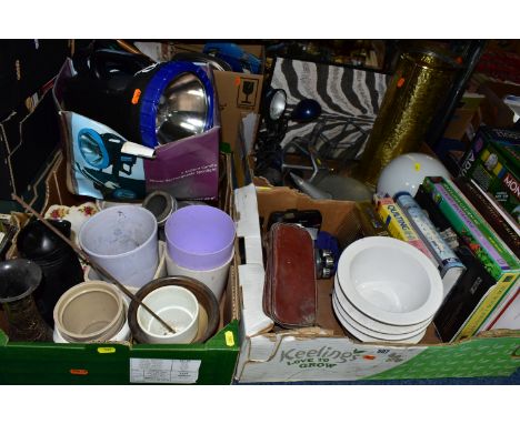 FIVE BOXES OF BOOKS, PLANT POTS, CAMERAS, TWO FIVE MILLION CANDLE POWER TORCHES, ETC, including brass stick stand, four Royal