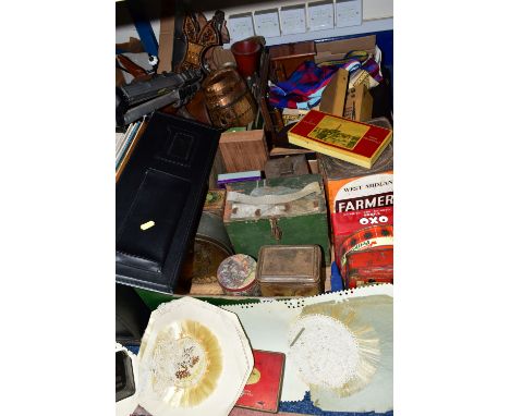 FOUR BOXES OF VINTAGE TINS, TREEN AND SUNDRIES, to include a Macfarlane Lang &amp; Co. confectionery tin, a 5lb Farmers Tea t