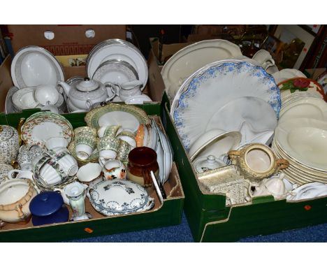 FIVE BOXES OF CERAMIC TEA AND DINNER WARES, to include a sixty four piece Royal Doulton Naples Platinum H5269 dinner service,