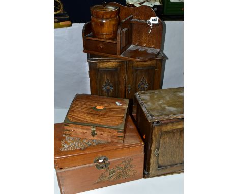 A COLLECTION OF VICTORIAN SMOKERS CABINETS AND BOXES, comprising a small oak smoker's cabinet with two internal drawers with 