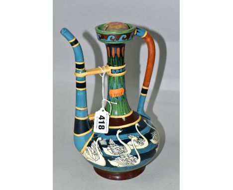 A WILEMAN &amp; CO FOLEY 'INTARSIO' PERSIAN STYLE COFFEE POT, No. 3053, decorated with coloured bands, bullrushes and swans s