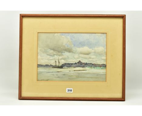 HAROLD KNIGHT R.A. (1874-1961) 'RYE FROM THE SEA', a coastal landscape featuring a boat to the midground, signed in pencil bo