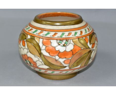 A CHARLOTTE RHEAD FOR CROWN DUCAL GLOBULAR POTTERY VASE, decorated in pattern no. 4491 Tudor Rose in oranges, browns and gree