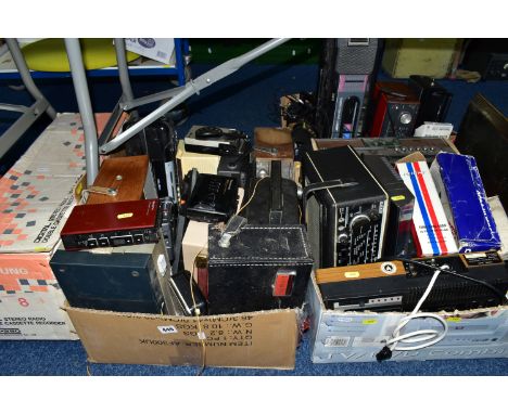 THREE BOXES AND LOOSE OF RADIOS, HACKER RADIOS, CASSETTE PLAYERS, ALARM CLOCK RADIOS, ETC, including a boxed Samsung WH-290 s