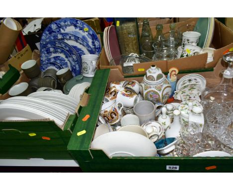 THREE BOXES OF CERAMICS AND GLASS ETC, to include Royal Doulton 'Provencal' TC1034 part dinner service, Denby 'Chevron' part 