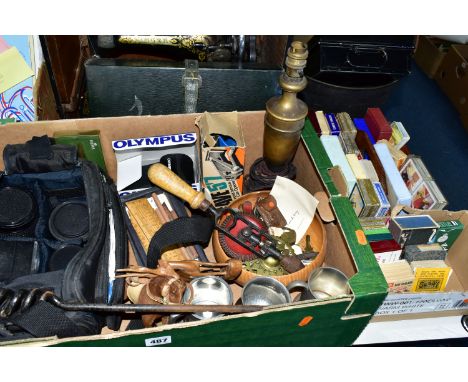 TWO BOXES AND LOOSE PHOTOGRAPHIC LENSES, SINGER SEWING MACHINE, PLAYING CARDS AND SUNDRY ITEMS, to include three camera lense