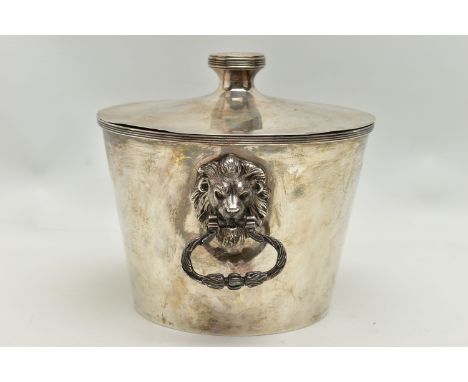 AN ELIZABETH II WILLIAM COMYNS &amp; SONS LTD FOR DUNHILL, SILVER ICE BUCKET AND COVER, the circular pull off cover with knob