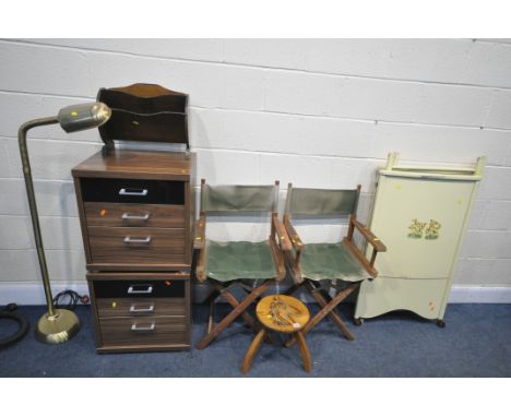 A SELECTION OF OCCASIONAL FURNITURE, to include a pair of three drawer cabinets, a pair of folding directors chairs, a painte