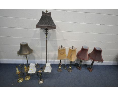 A SELECTION OF VARIOUS LIGHING, to include a pair of burgundy triangular table lamps, with mirrored shaft, and floral design,