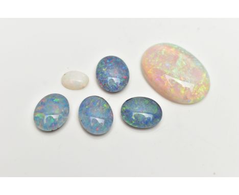 FIVE LOOSE OPAL CABOCHON STONES, the first a large oval opal cabochon, showing flashes of blue, green, orange and red, approx