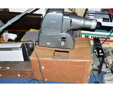 A WOODEN BOX CONTAINING MAGIC LANTERN SLIDES (mostly maps, drawn and printed) a cased Singer Sewing machine, an Elna Type 35 