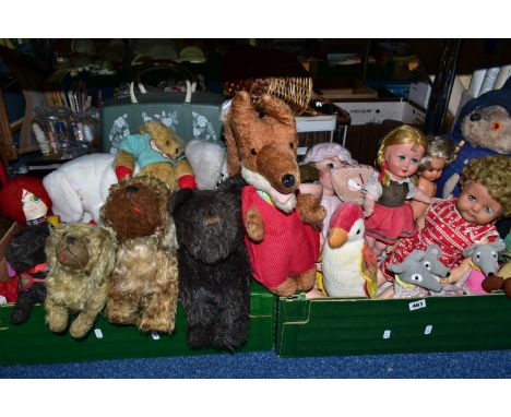 TWO BOXES OF VINTAGE SOFT TOYS AND DOLLS, to include a vintage Gabrielle Designs Paddington Bear registration number 957892 (