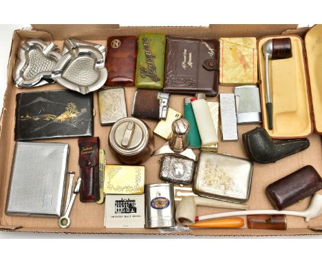 A BOX OF SMOKING RELATED ITEMS, to include a cased smoking pipe, pipe signed 'Falcon made in England', in a tan case displayi