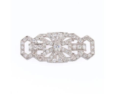 Kleine Art-déco Diamant-Brosche. Um 1920. Platin, Nadel mit Montierung 14 kt. WG. In hochwertiger Millegriffesfassung 68 Diam