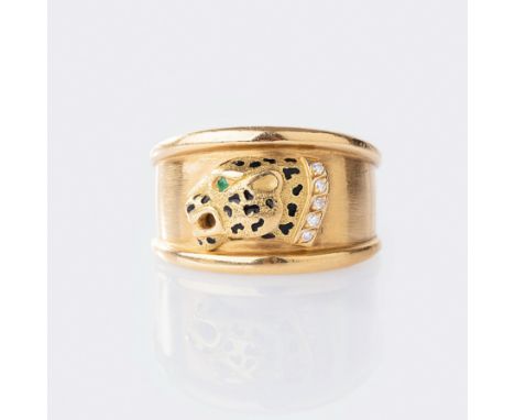 Gay Frères. Französischer Diamant Ring 'Panthère'. 18 kt. GG, gest. Paris, MZ: GF. Schauseitig verbreitert, der Pantherkopf m