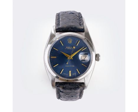 Rolex. Herren-Armbanduhr 'Oysterdate Precision'. 1958. Edelstahl, Handaufzug, Kal. 1210, Ref. 6494. Blaues Zifferblatt, goldf