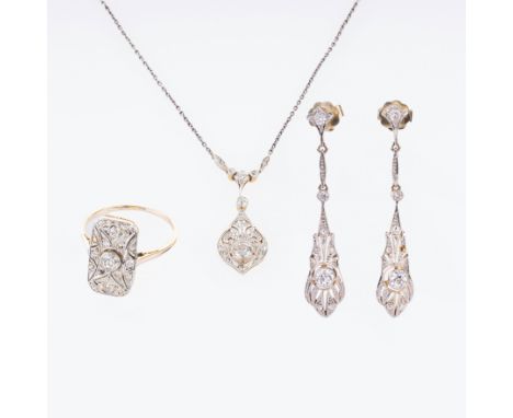 Art-déco Diamant-Schmuckset. Um 1920. 14 kt. GG, Platin; Kette mit Sicherheitskettchen 14 kt. WG, gest. Besatz mit insges. 44