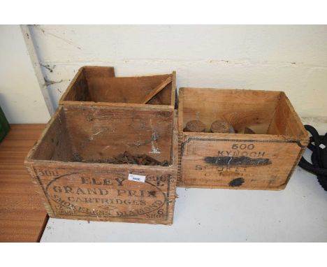 Three vintage wooden boxes including various ironmongery