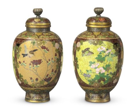 ATTRIBUTED TO NAMIKAWA YASUYUKI (1845-1927) OF KYOTOA Pair of Cloisonné-Enamel Jars with En-suite Covers Meiji era (1868-1912