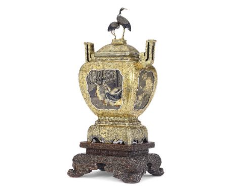 YANO KATSUMINE (SHOHO) FOR KAWAGUCHI YOHEI OF TOKYOA Superbly Inlaid Iron Jar and Cover with Birds and Flowers of the Four Se