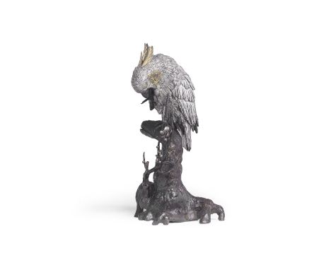 YOSHITANI/BIKOKUA Silvered-Bronze, Shakudo and Gilt Cockatoo with an En-Suite Bronze Stand Meiji era (1868-1912), late 19th/e