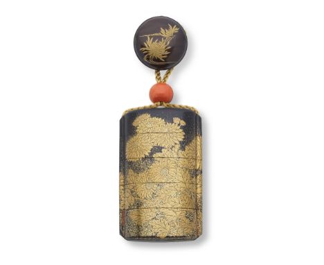 KANSHOSAI TOYO LINEAGEA Black-Lacquer Four-Case InroEdo period (1615-1868), probably 19th centuryThe rounded rectangular body