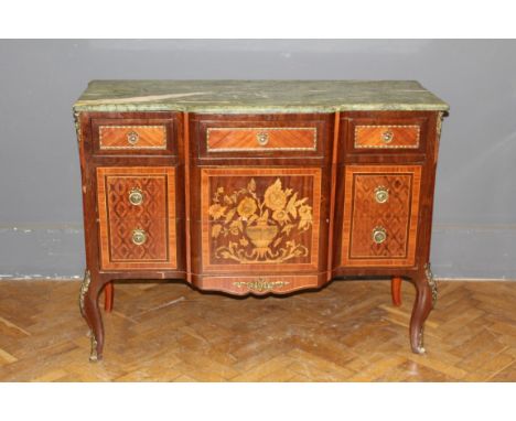 A late 20th century kingwood veneer, crossbanded and floral marquetry inlaid marble top commode, fitted three short and two l